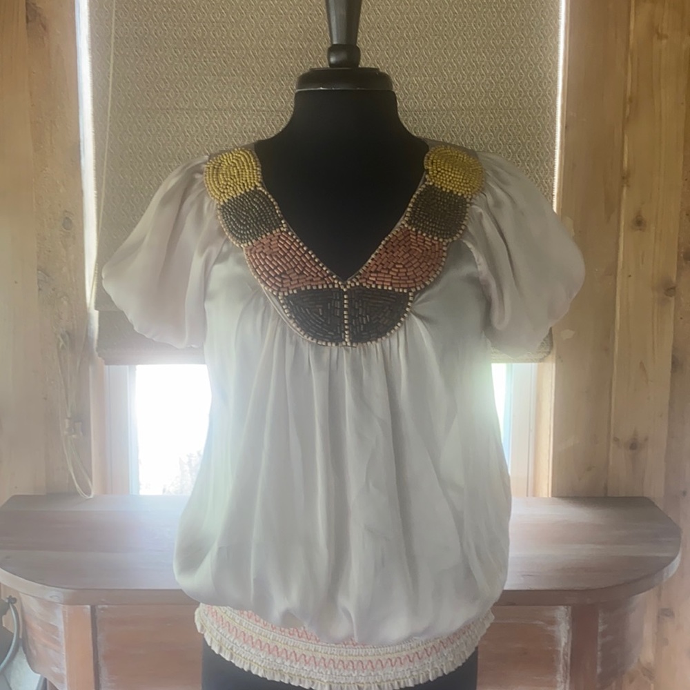 Silk boho top with beaded accents Size M